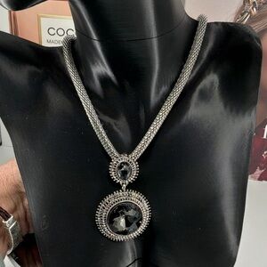Silver Necklace with black and clear crystal pendants P52